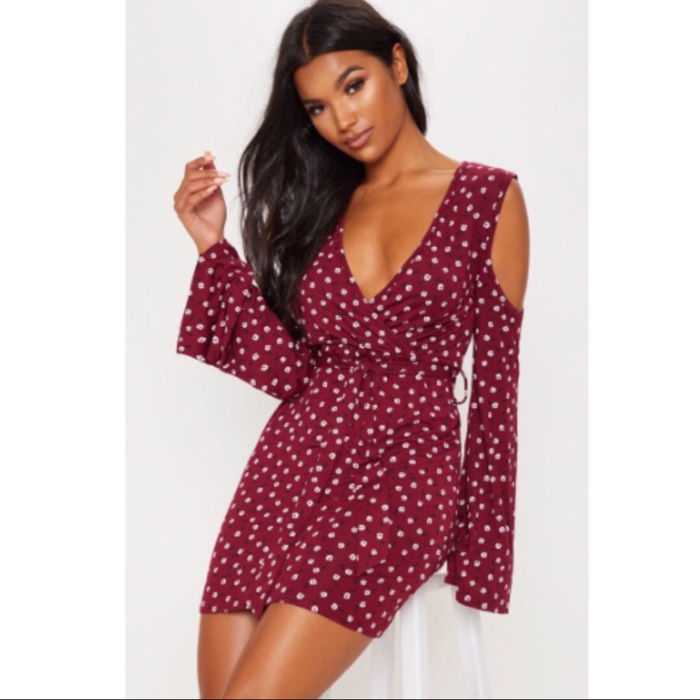Burgundy floral cold shoulder dress